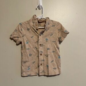Carters Boys 3T Tan Short Sleeve Button Down Shirt Dinosaur Surf Print